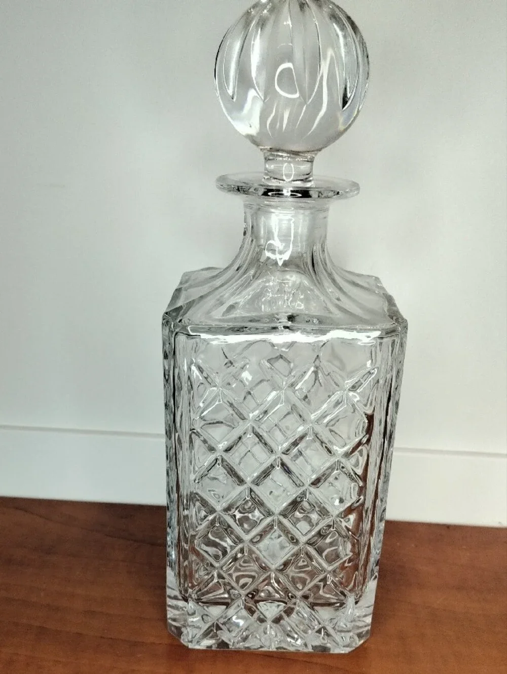 Vintage Glass Cut-Pattern Square Decanter with Stopper - 10x3